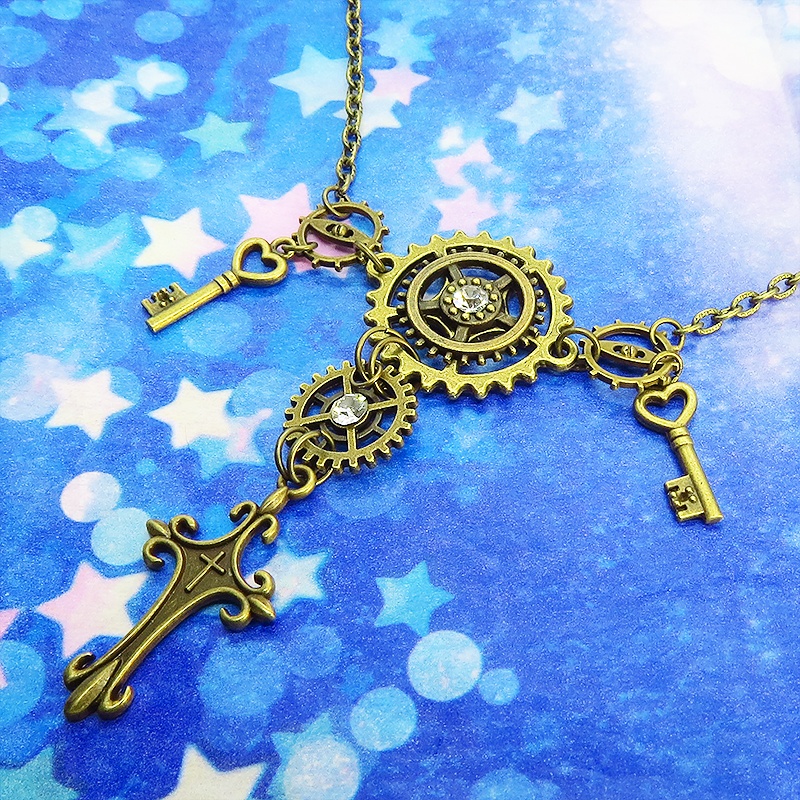 アンティークゴールド ロザリオと歯車の多重多層スチームパンク風ネックレス ゴシック 鍵 スワロフスキー 長さ調節可