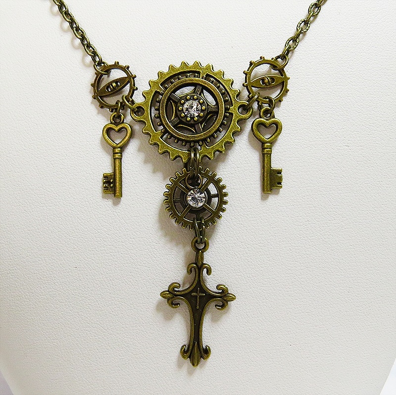 アンティークゴールド ロザリオと歯車の多重多層スチームパンク風ネックレス ゴシック 鍵 スワロフスキー 長さ調節可