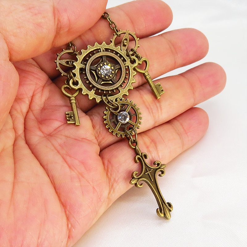アンティークゴールド ロザリオと歯車の多重多層スチームパンク風ネックレス ゴシック 鍵 スワロフスキー 長さ調節可