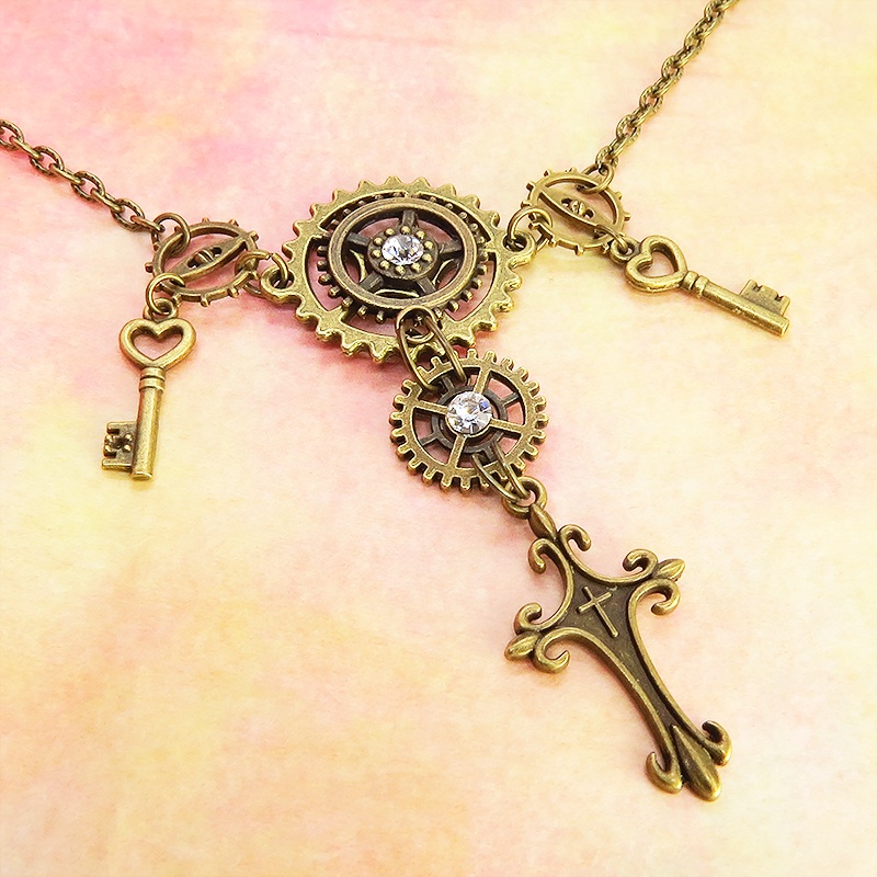 アンティークゴールド ロザリオと歯車の多重多層スチームパンク風ネックレス ゴシック 鍵 スワロフスキー 長さ調節可