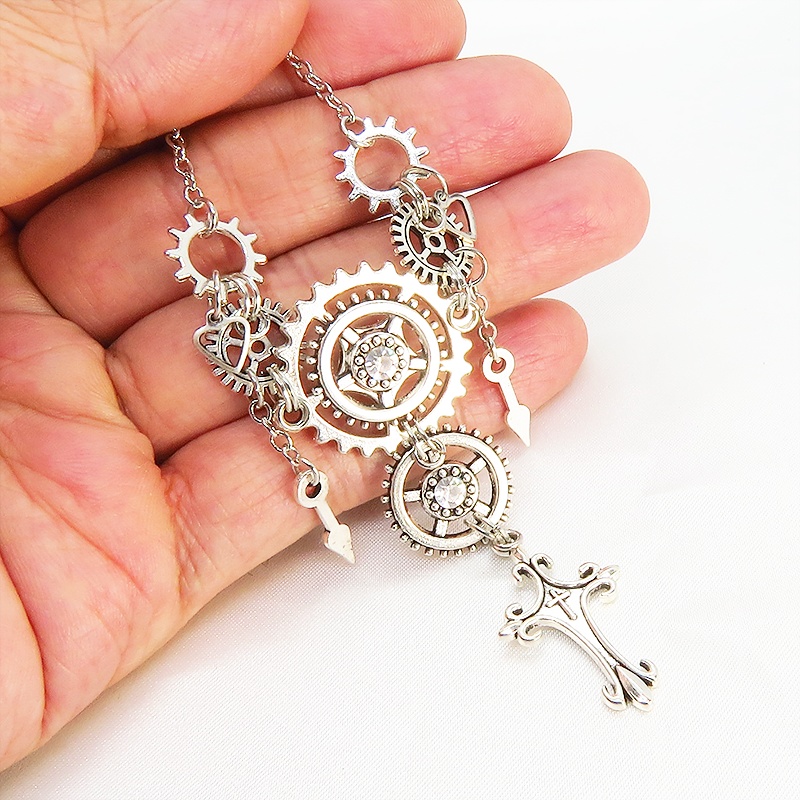 アンティークシルバー ロザリオと歯車の多重多層スチームパンク風ネックレス ゴシック 時計の針 スワロフスキー 長さ調節可