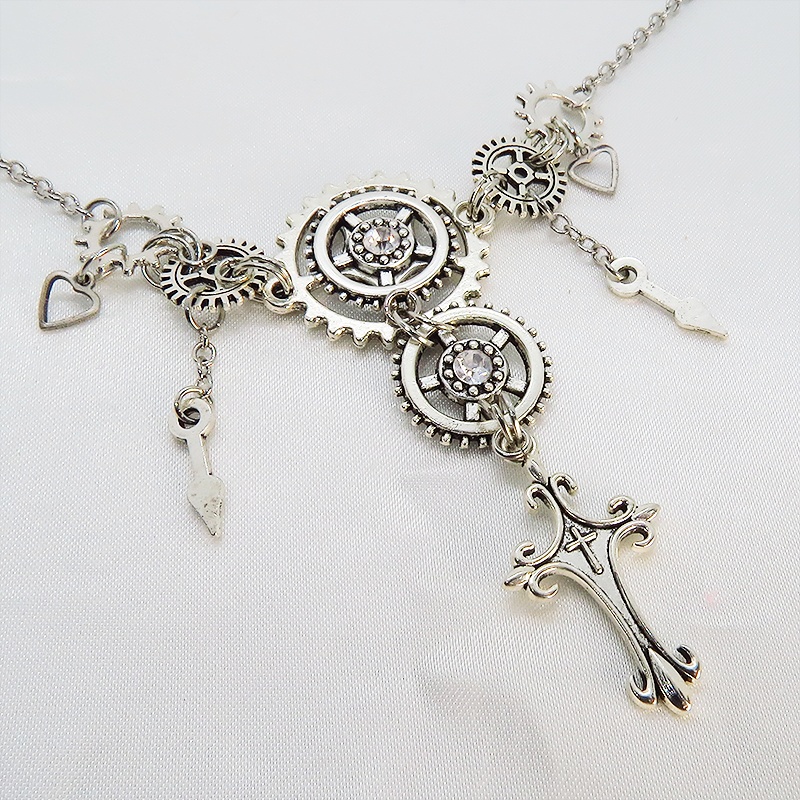 アンティークシルバー ロザリオと歯車の多重多層スチームパンク風ネックレス ゴシック 時計の針 スワロフスキー 長さ調節可