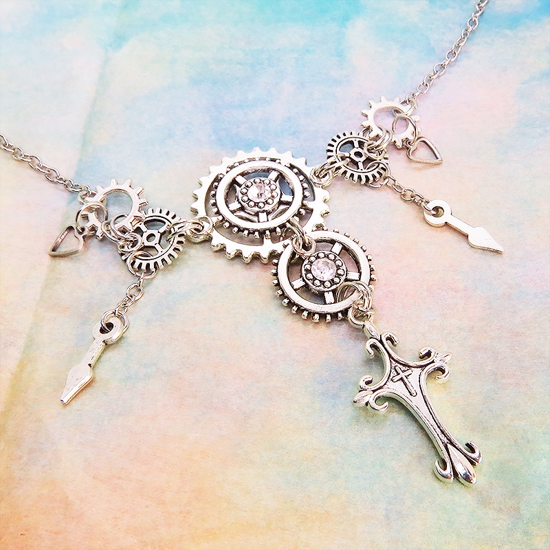 アンティークシルバー ロザリオと歯車の多重多層スチームパンク風ネックレス ゴシック 時計の針 スワロフスキー 長さ調節可