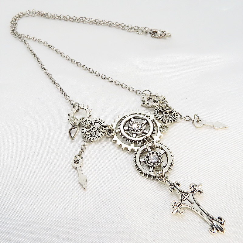 アンティークシルバー ロザリオと歯車の多重多層スチームパンク風ネックレス ゴシック 時計の針 スワロフスキー 長さ調節可
