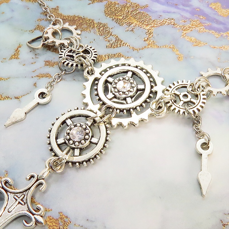 アンティークシルバー ロザリオと歯車の多重多層スチームパンク風ネックレス ゴシック 時計の針 スワロフスキー 長さ調節可