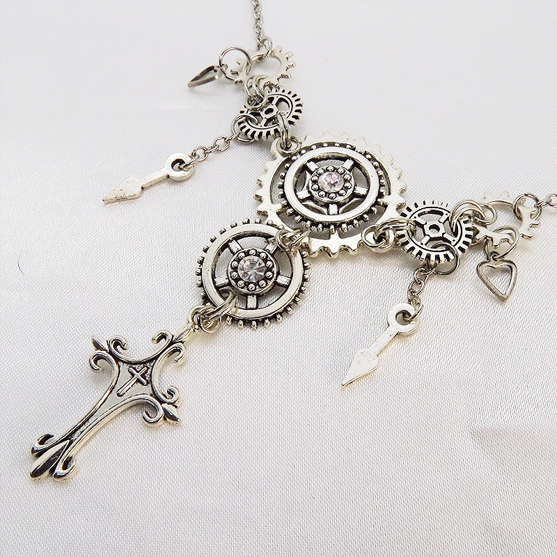 アンティークシルバー ロザリオと歯車の多重多層スチームパンク風ネックレス ゴシック 時計の針 スワロフスキー 長さ調節可