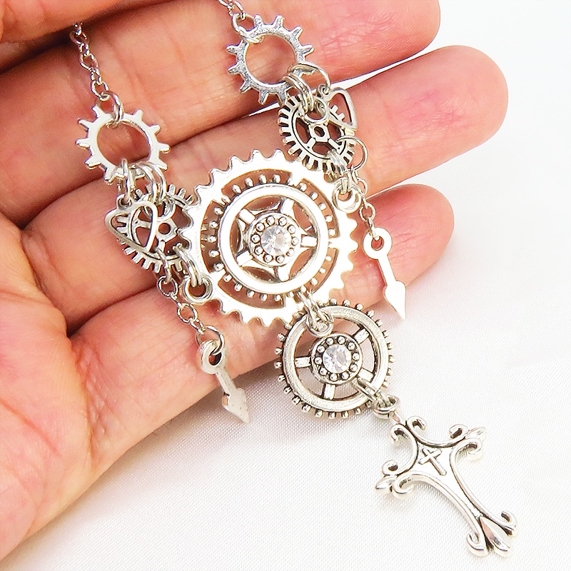 アンティークシルバー ロザリオと歯車の多重多層スチームパンク風ネックレス ゴシック 時計の針 スワロフスキー 長さ調節可