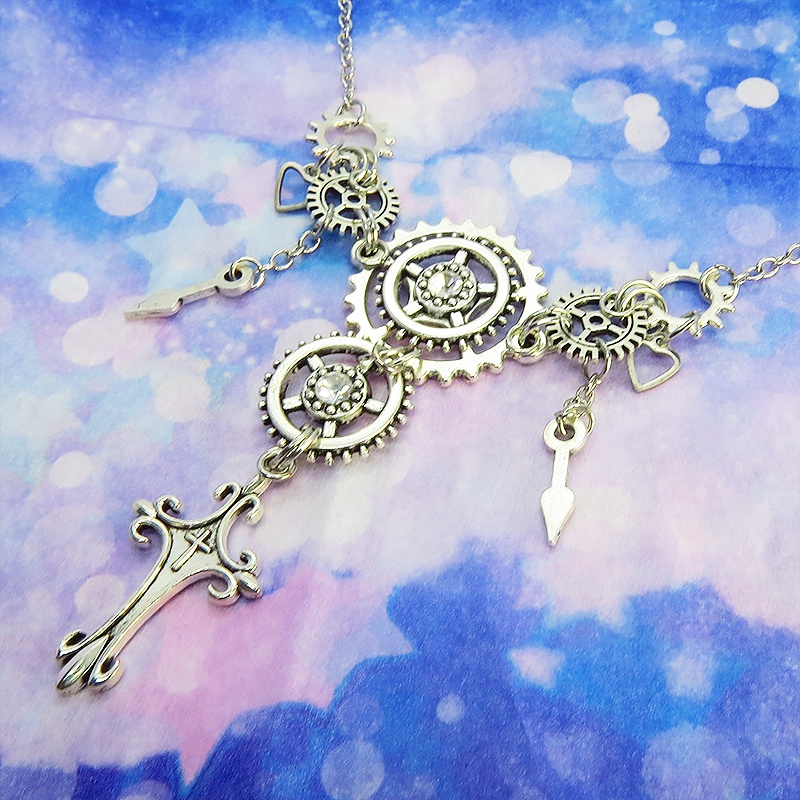 アンティークシルバー ロザリオと歯車の多重多層スチームパンク風ネックレス ゴシック 時計の針 スワロフスキー 長さ調節可