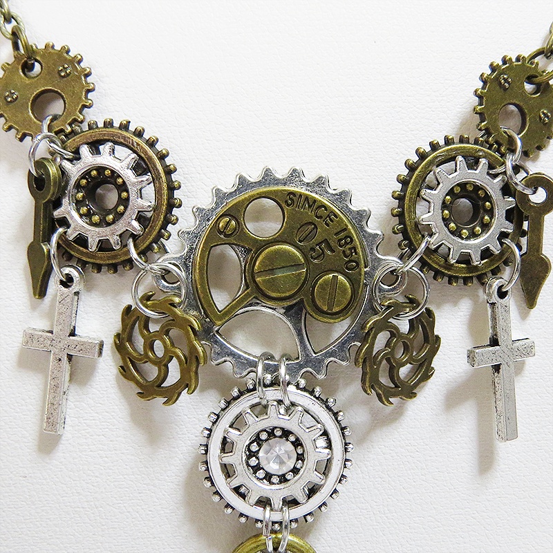アンティークゴールド スチームパンク風ロザリオと歯車の多層構造ネックレス スワロフスキー ゴシック アジャスター