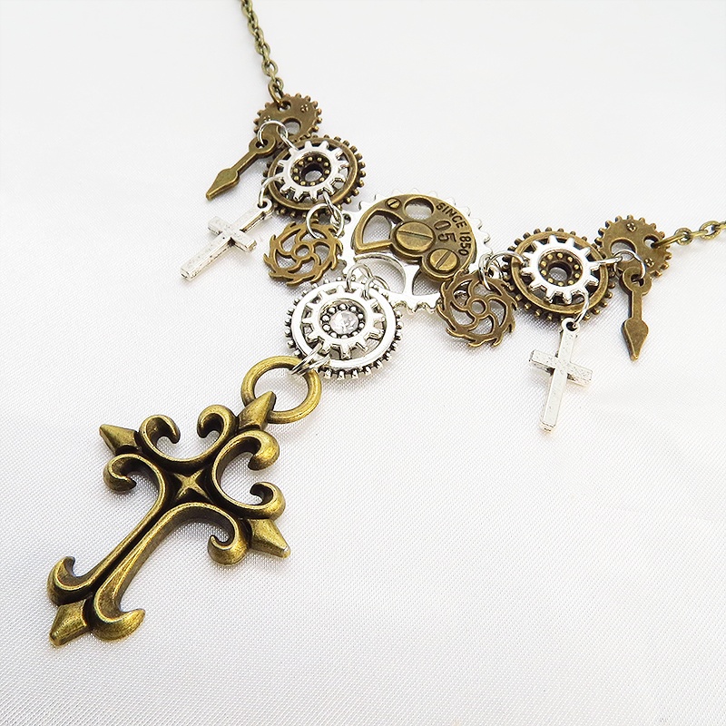 アンティークゴールド スチームパンク風ロザリオと歯車の多層構造ネックレス スワロフスキー ゴシック アジャスター