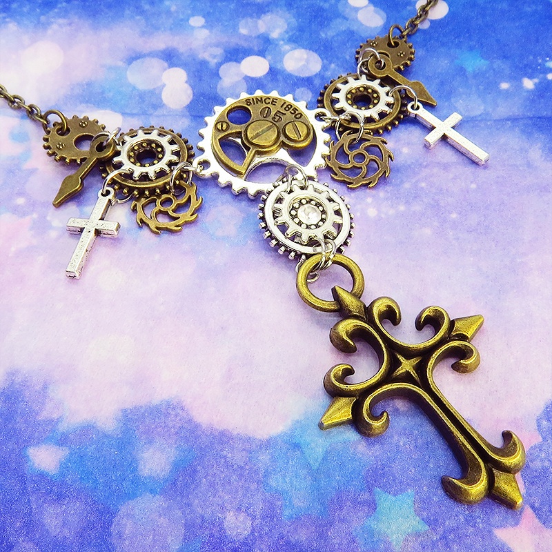 アンティークゴールド スチームパンク風ロザリオと歯車の多層構造ネックレス スワロフスキー ゴシック アジャスター