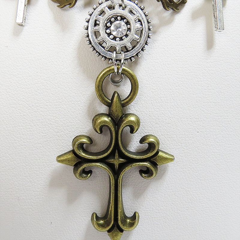 アンティークゴールド スチームパンク風ロザリオと歯車の多層構造ネックレス スワロフスキー ゴシック アジャスター