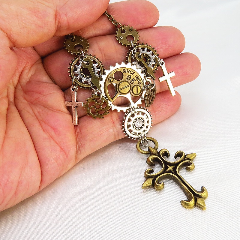 アンティークゴールド スチームパンク風ロザリオと歯車の多層構造ネックレス スワロフスキー ゴシック アジャスター