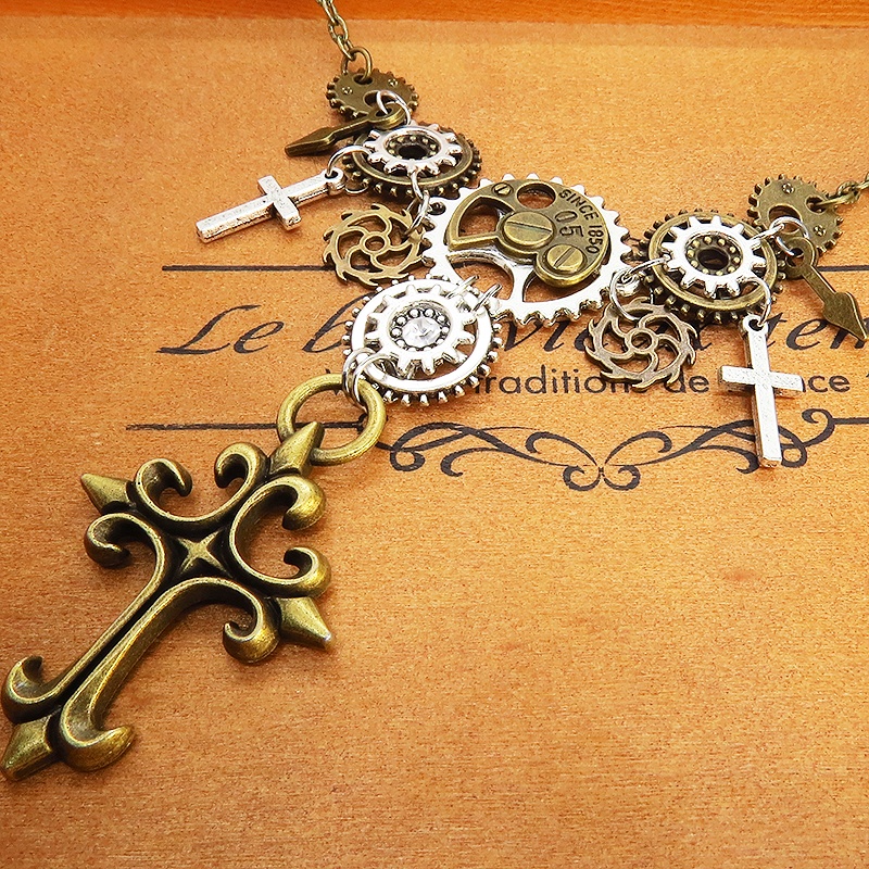 アンティークゴールド スチームパンク風ロザリオと歯車の多層構造ネックレス スワロフスキー ゴシック アジャスター