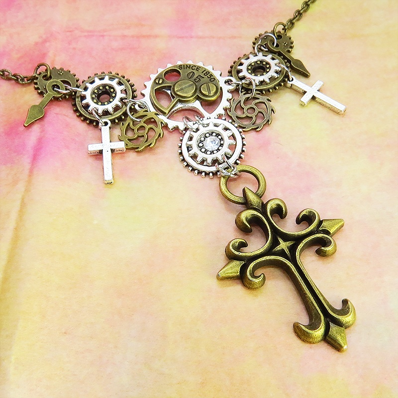 アンティークゴールド スチームパンク風ロザリオと歯車の多層構造ネックレス スワロフスキー ゴシック アジャスター