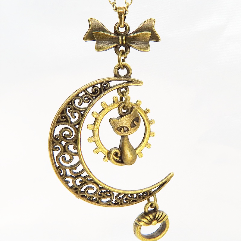 アンティークゴールド 猫とアラベスク調の透かし三日月を組合せたネックレス ハート 猫つき鍵 ムーン 長さ調整可 アジャスター付