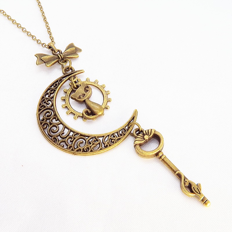 アンティークゴールド 猫とアラベスク調の透かし三日月を組合せたネックレス ハート 猫つき鍵 ムーン 長さ調整可 アジャスター付