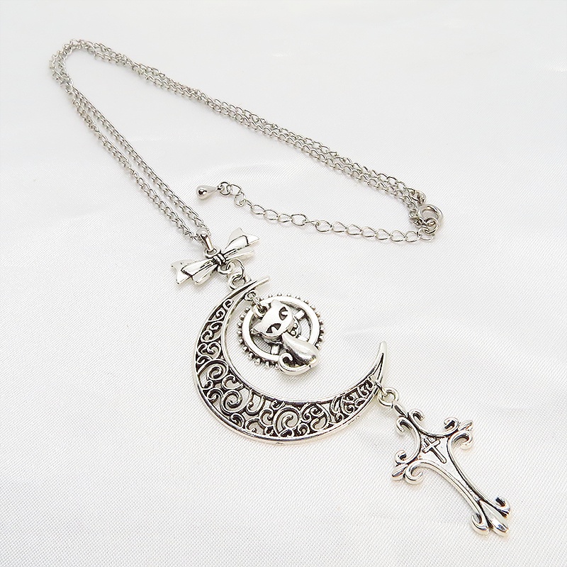 アンティークシルバー 猫とアラベスク調の透かし三日月のネックレス ロザリオ リボン ムーン アジャスター付 長さ調整可 SV925可