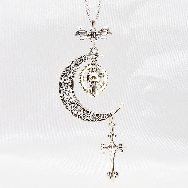 アンティークシルバー 猫とアラベスク調の透かし三日月のネックレス ロザリオ リボン ムーン アジャスター付 長さ調整可 SV925可