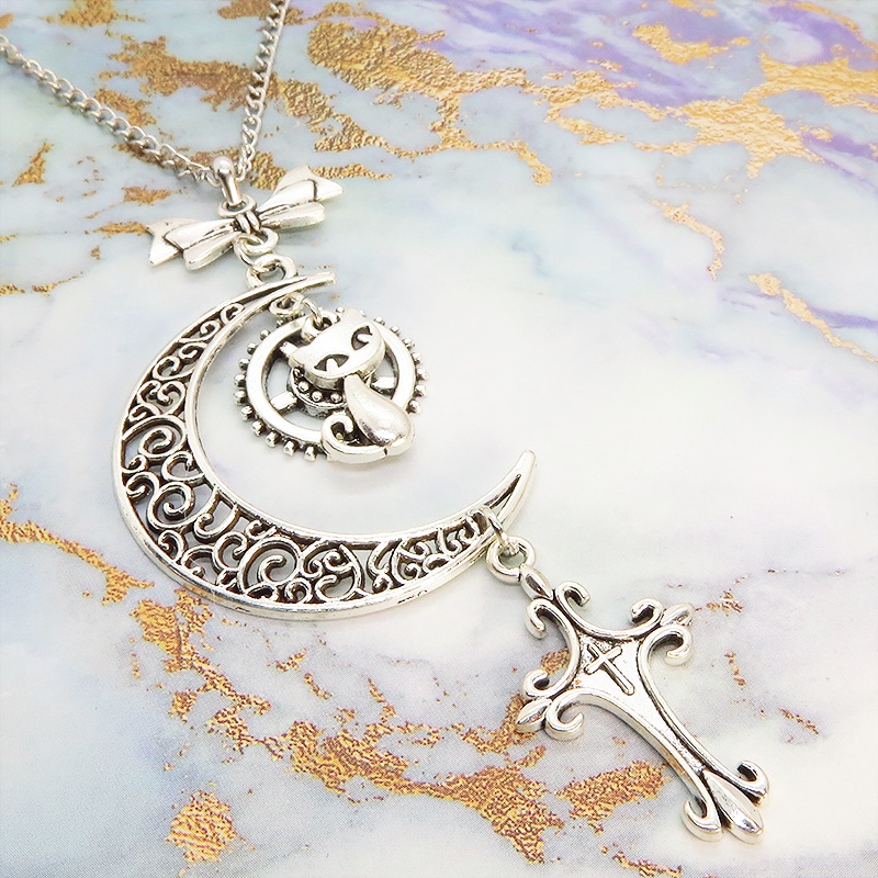 アンティークシルバー 猫とアラベスク調の透かし三日月のネックレス ロザリオ リボン ムーン アジャスター付 長さ調整可 SV925可