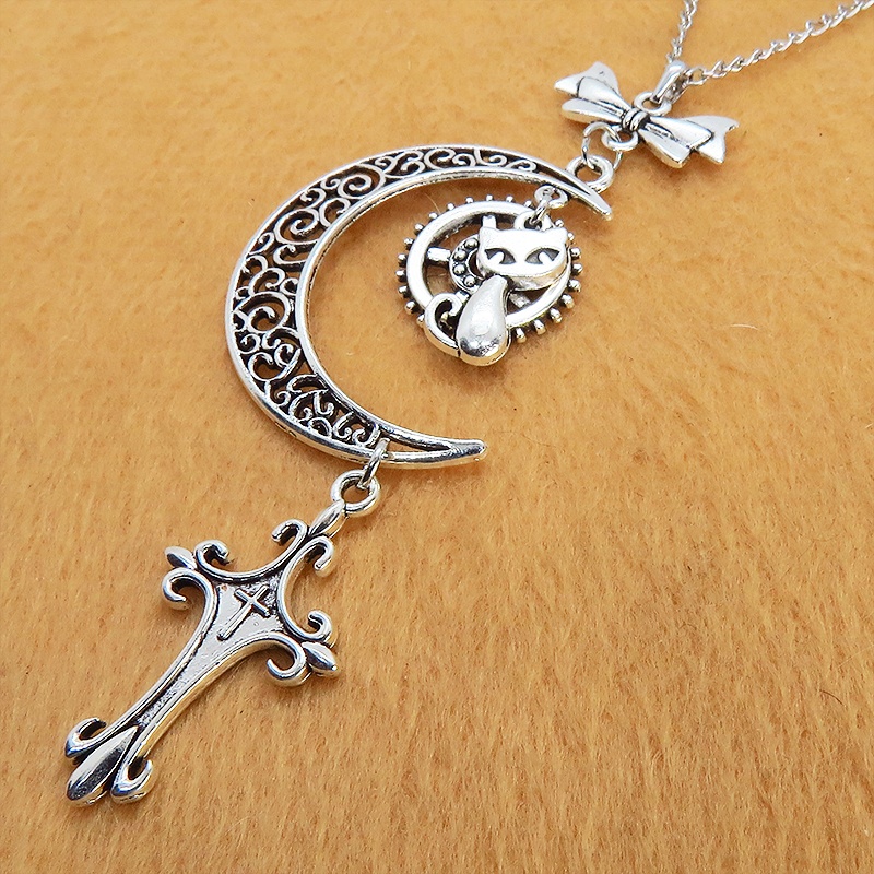 アンティークシルバー 猫とアラベスク調の透かし三日月のネックレス ロザリオ リボン ムーン アジャスター付 長さ調整可 SV925可