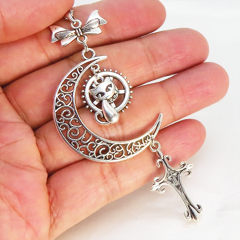 アンティークシルバー 猫とアラベスク調の透かし三日月のネックレス ロザリオ リボン ムーン アジャスター付 長さ調整可 SV925可