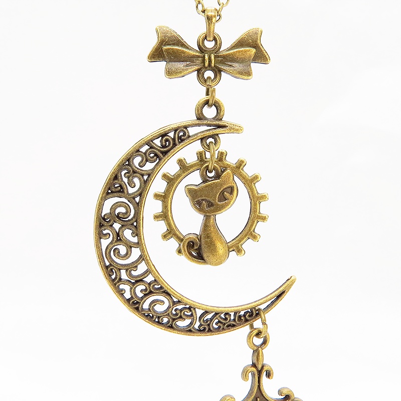 アンティークゴールド 猫とアラベスク調の透かし三日月のネックレス ロザリオ リボン ムーン アジャスター付 アジャスター付