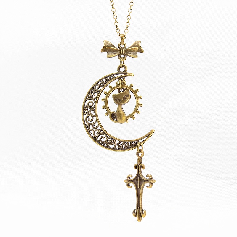 アンティークゴールド 猫とアラベスク調の透かし三日月のネックレス ロザリオ リボン ムーン アジャスター付 アジャスター付