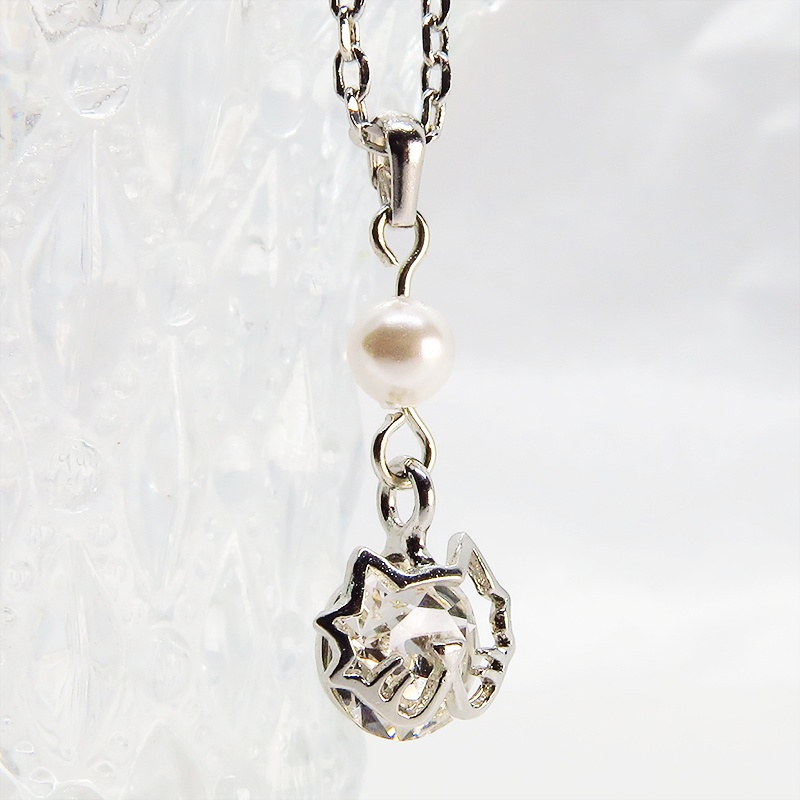 ひげ付き猫フェイスモチーフ スワロフスキー パール 大人可愛いネックレス 長さ・SV925変更可 アジャスター追加可