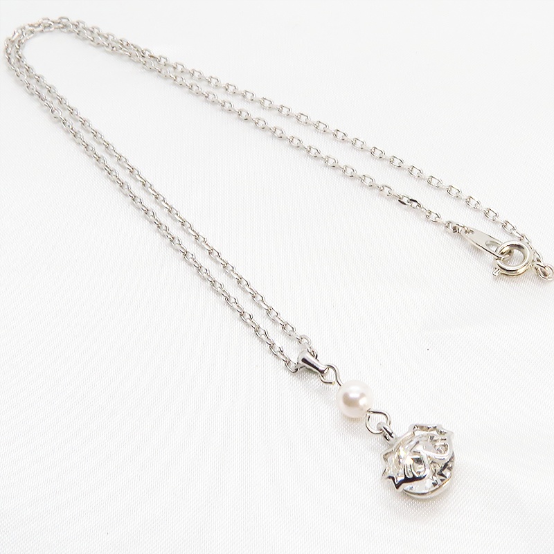 ひげ付き猫フェイスモチーフ スワロフスキー パール 大人可愛いネックレス 長さ・SV925変更可 アジャスター追加可