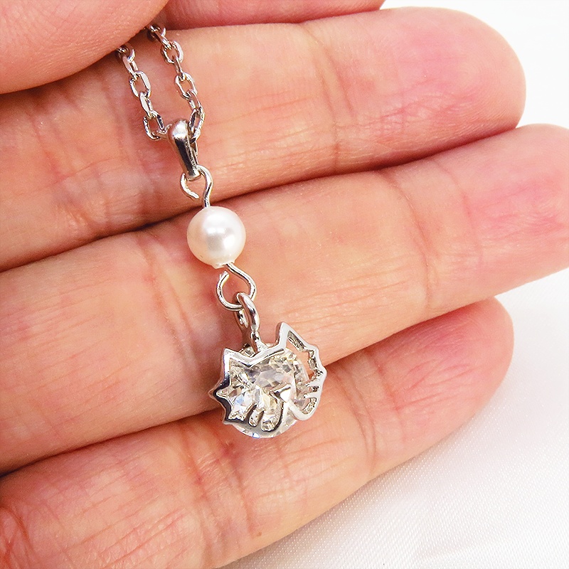 ひげ付き猫フェイスモチーフ スワロフスキー パール 大人可愛いネックレス 長さ・SV925変更可 アジャスター追加可