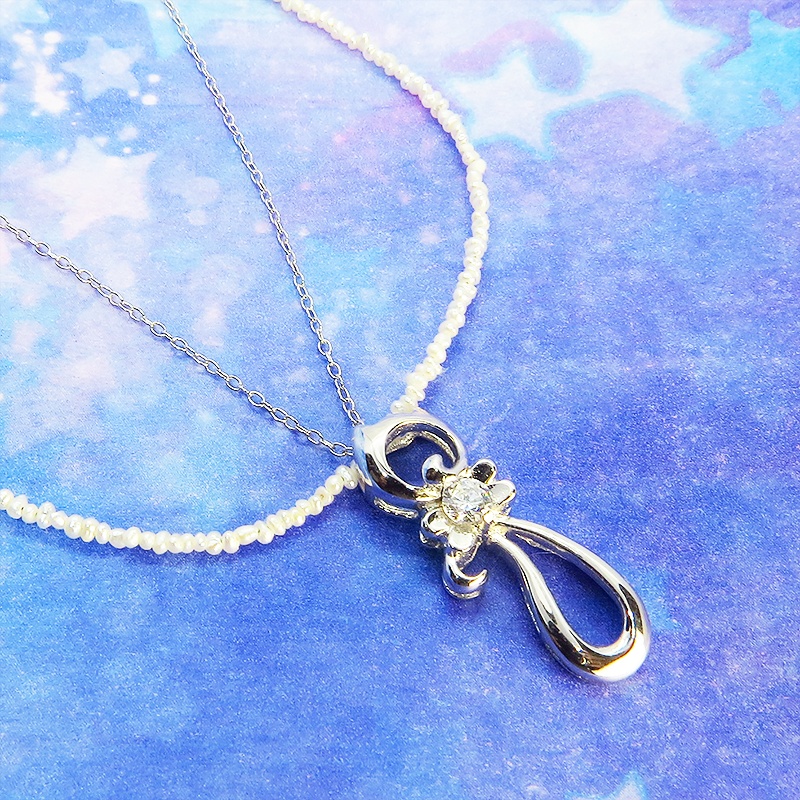 シルバー925の猫シルエットモチーフと小粒の淡水パールをつなぎ合わせたパールネックレス ジルコン