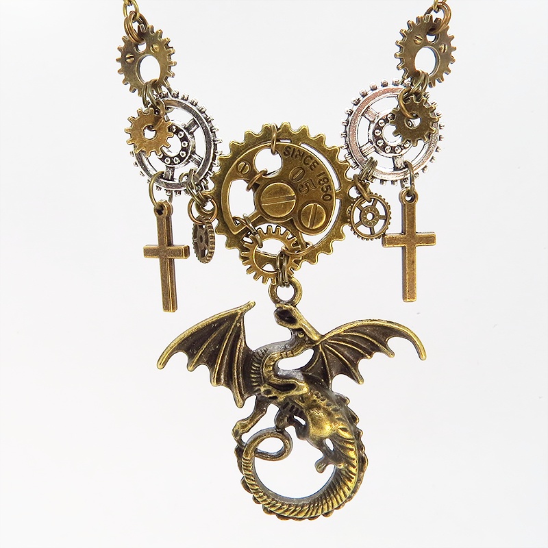 スチームパンク風アンティークゴールドのドラゴンと歯車のネックレス ロザリオ メンズ レディース アジャスター付