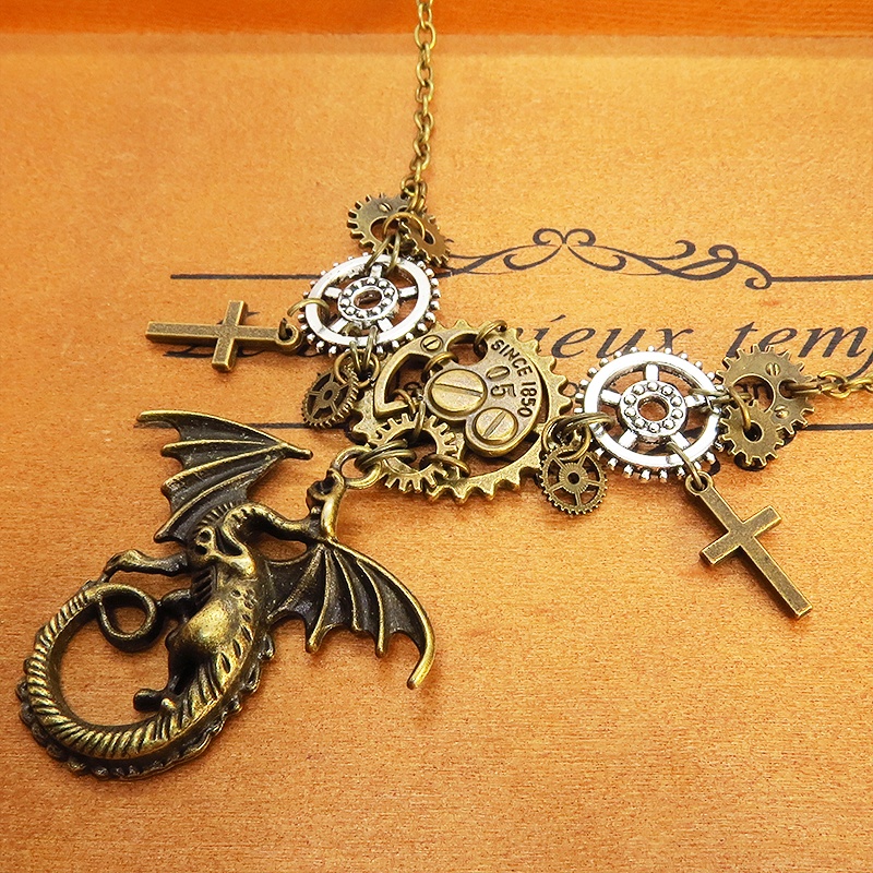 スチームパンク風アンティークゴールドのドラゴンと歯車のネックレス ロザリオ メンズ レディース アジャスター付