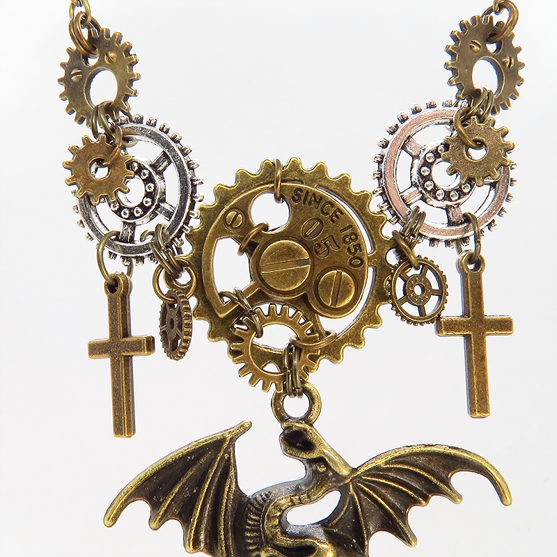 スチームパンク風アンティークゴールドのドラゴンと歯車のネックレス ロザリオ メンズ レディース アジャスター付