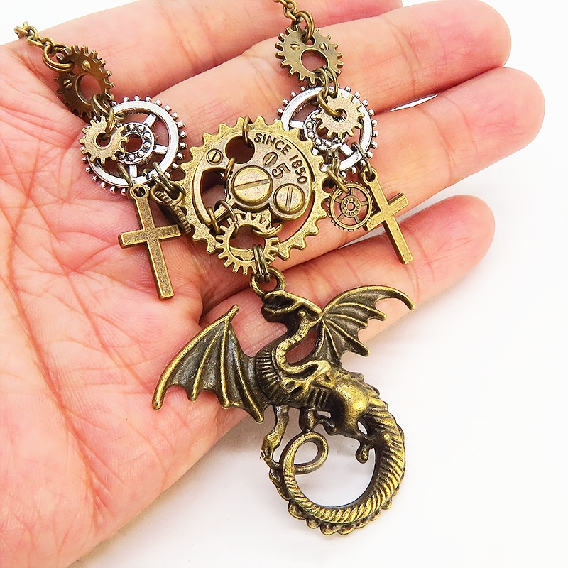 スチームパンク風アンティークゴールドのドラゴンと歯車のネックレス ロザリオ メンズ レディース アジャスター付