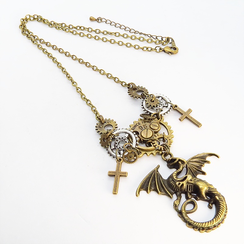 スチームパンク風アンティークゴールドのドラゴンと歯車のネックレス ロザリオ メンズ レディース アジャスター付