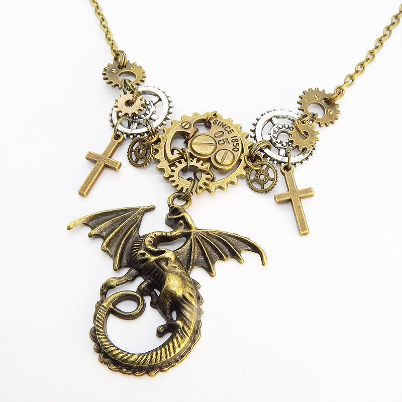 スチームパンク風アンティークゴールドのドラゴンと歯車のネックレス ロザリオ メンズ レディース アジャスター付