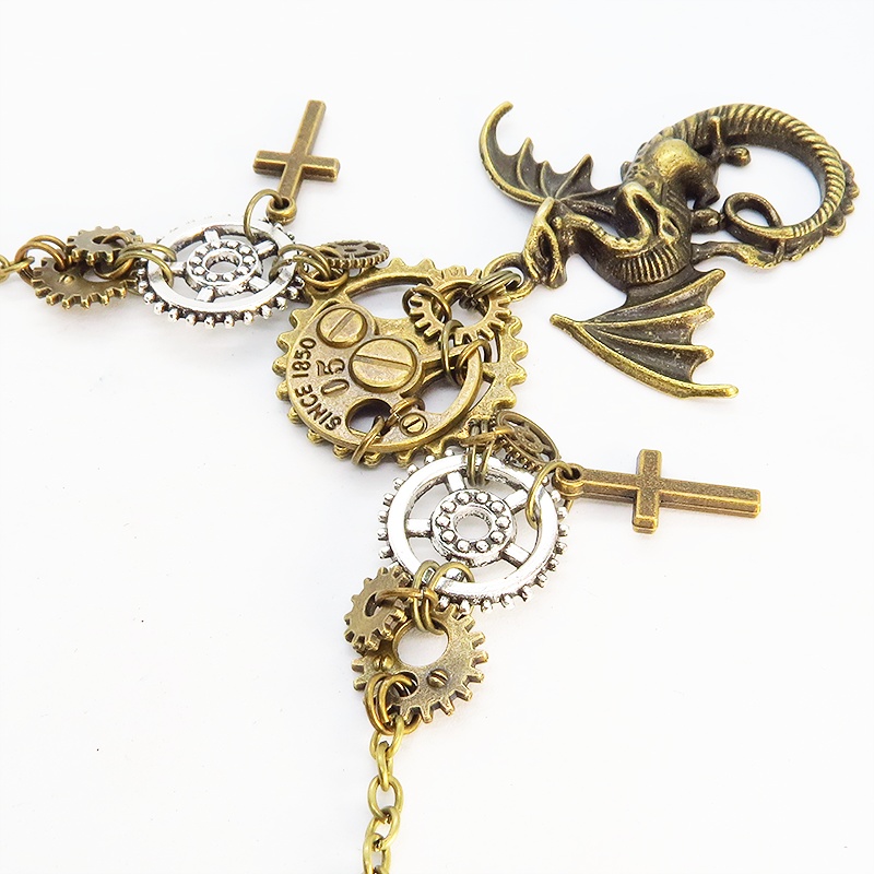 スチームパンク風アンティークゴールドのドラゴンと歯車のネックレス ロザリオ メンズ レディース アジャスター付