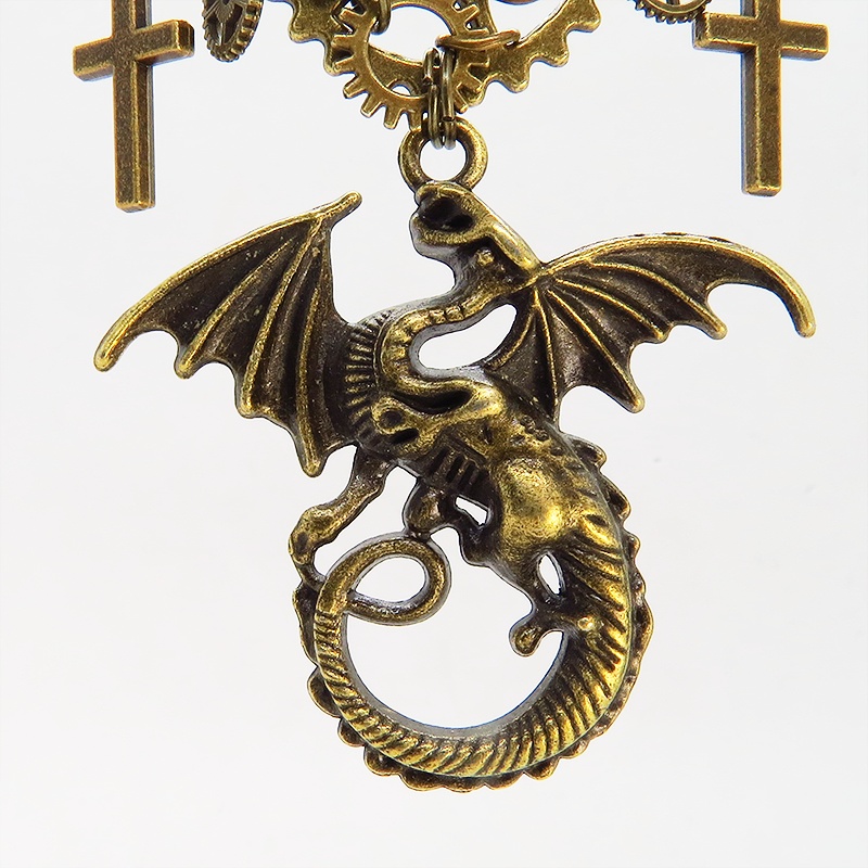 スチームパンク風アンティークゴールドのドラゴンと歯車のネックレス ロザリオ メンズ レディース アジャスター付