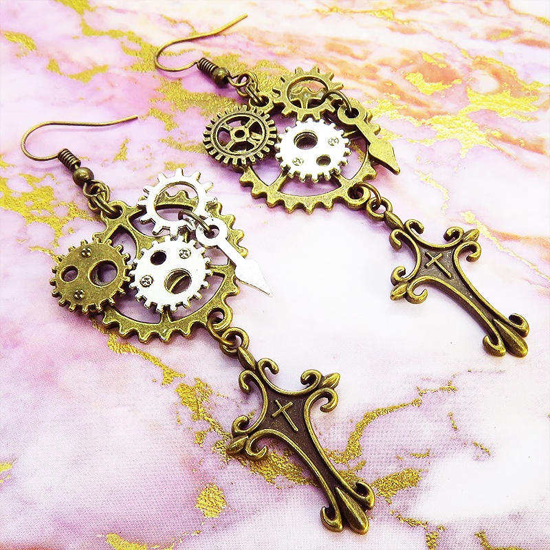 スチームパンク風ロザリオと歯車のアシンメトリーピアス レディース メンズ