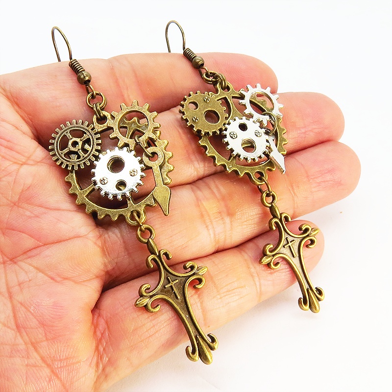 スチームパンク風ロザリオと歯車のアシンメトリーピアス レディース メンズ