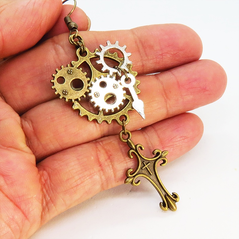 スチームパンク風ロザリオと歯車のアシンメトリーピアス レディース メンズ