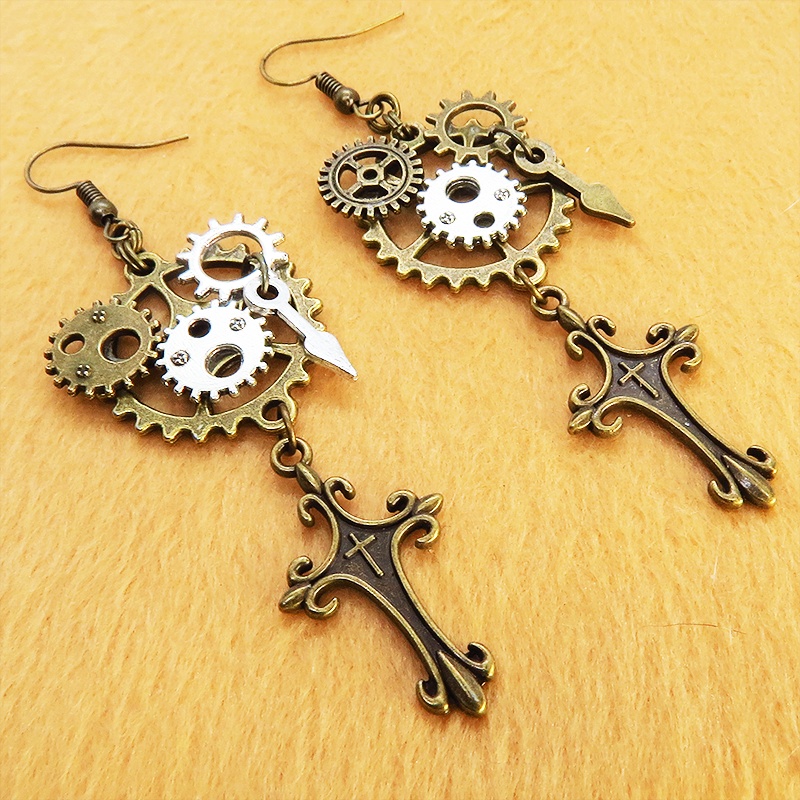 スチームパンク風ロザリオと歯車のアシンメトリーピアス レディース メンズ