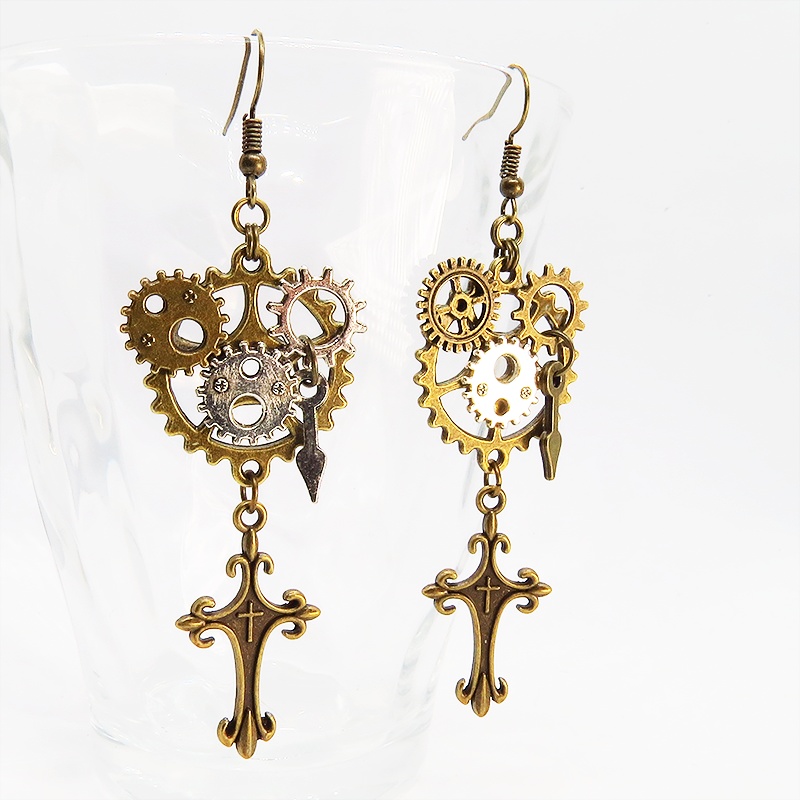 スチームパンク風ロザリオと歯車のアシンメトリーピアス レディース メンズ