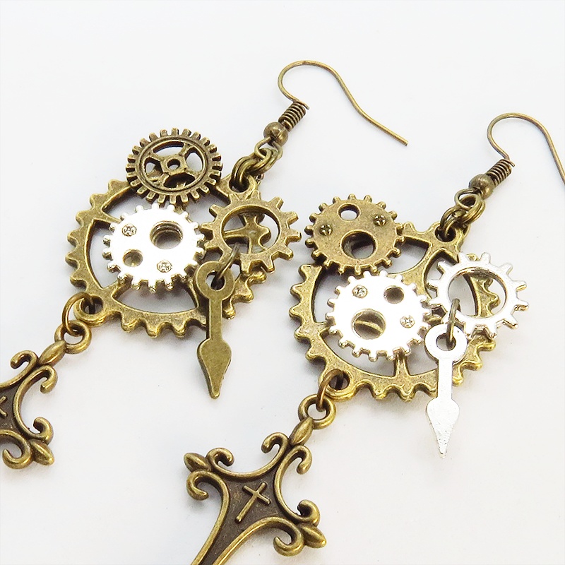 スチームパンク風ロザリオと歯車のアシンメトリーピアス レディース メンズ