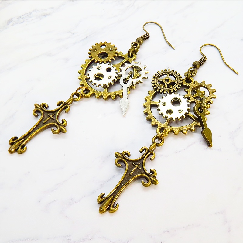 スチームパンク風ロザリオと歯車のアシンメトリーピアス レディース メンズ