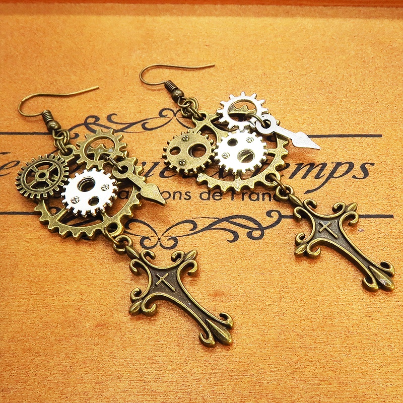スチームパンク風ロザリオと歯車のアシンメトリーピアス レディース メンズ