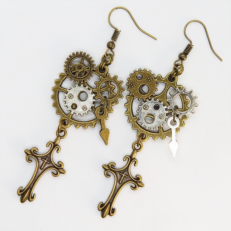 スチームパンク風ロザリオと歯車のアシンメトリーピアス レディース メンズ
