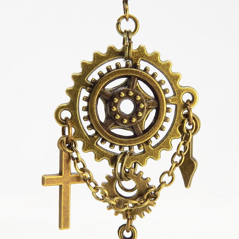 アンティーク調の跳ね猫と歯車・ギアのピアス スチームパンク風 チェーン付き ロザリオ 時計の針